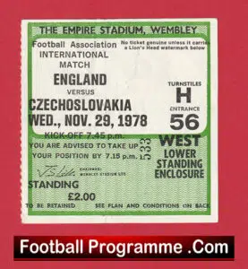 England v Czechoslovakia 1978 – Match Ticket