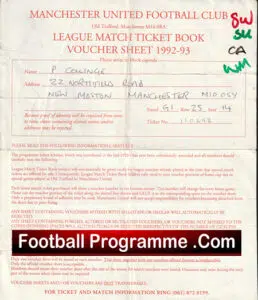 Manchester United Official Token Sheet 1992 – 1993 + Token