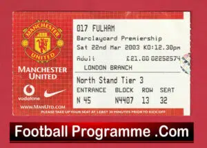 Manchester United v Fulham 2003 – Match Day Ticket