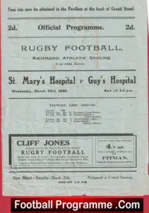 St Marys Hospital v Guys Hospital 1938 – 1930s Rugby Programme