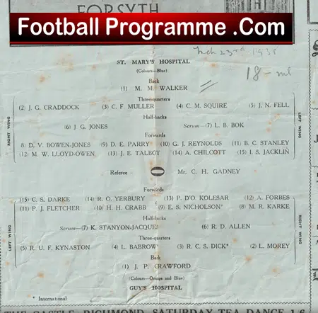 St Marys Hospital v Guys Hospital 1938 - 1930s Rugby Programme - Image 4