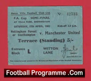Southampton v Manchester United 1963 – Semi Final Football Ticket at Villa