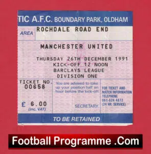 Oldham Athletic v Manchester United 1991 – Match Ticket