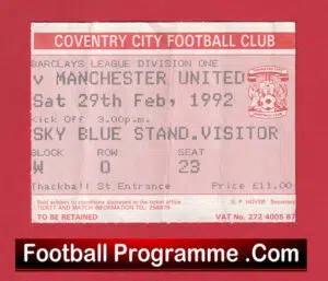 Coventry City v Manchester United 1992 – Football Ticket