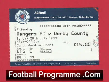 Glasgow Rangers v Derby County 2019 - Football Ticket - Image 2