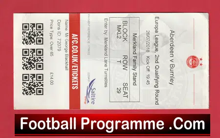 Aberdeen v Burnley 2018 - Match Ticket - Image 2