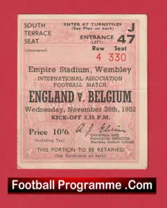 England v Belgium 1952 – Match Ticket 1950’s