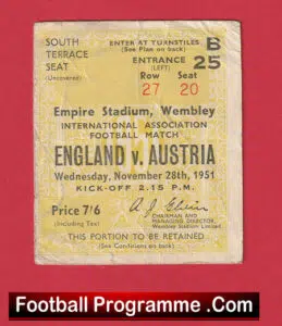 England v Austria 1951 – Match Ticket 1950s