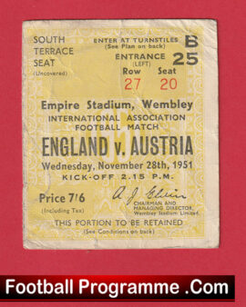England v Austria 1951 – Match Ticket 1950s
