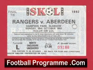 Aberdeen v Glasgow Rangers 1992 – Scottish Cup Final Match Ticket