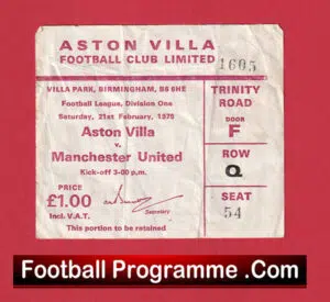 Aston Villa v Manchester United 1976 – Match Ticket