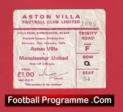 Aston Villa v Manchester United 1976 – Match Ticket