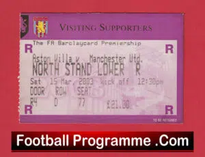 Aston Villa v Manchester United 2003 – Match Ticket