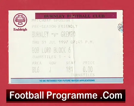 Burnley v Gremio 1997 - Football Ticket Friendly Match - Image 2