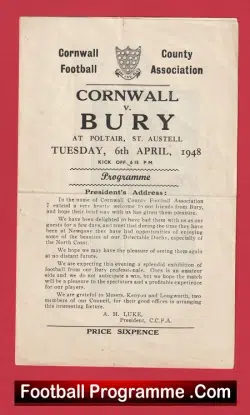 Cornwall v Bury 1948 - Poltair St Austel 1940s - football programme