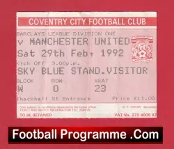 Coventry City v Manchester United 1992 – Football Ticket
