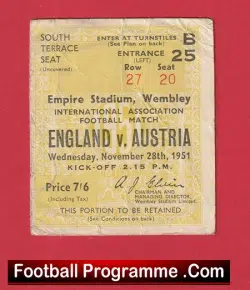 England v Austria 1951 – Match Ticket 1950s