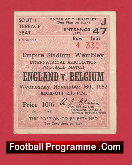 England v Belgium 1952 - Match Ticket 1950's - Image 2