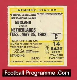 England v Holland 1982 – Football Ticket Netherlands Team