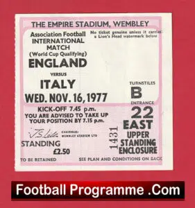 England v Italy 1977 – Football Match Ticket