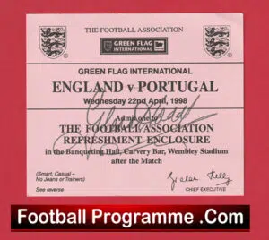 England v Portugal 1998 – Ticket Signed Glenn Hoddle Autograph