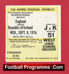 England v Republic Of Ireland 1976 – Match Ticket