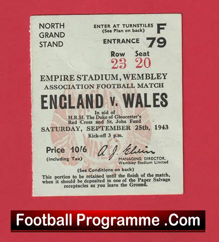 England v Wales 1943 - 1940s Football Match Ticket - Image 2