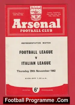 English Football League v Italian League 1962 – Friendly Match Arsenal