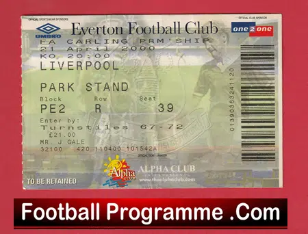Everton v Liverpool 2000 - Football Ticket - Image 2