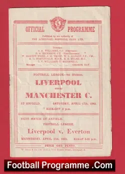 Liverpool v Manchester City 1948 - 1940's v Man City - football programme