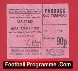 Manchester United v Ajax Amsterdam 1976 – UEFA Cup Match Ticket