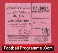 Manchester United v Ajax Amsterdam 1976 – UEFA Cup Match Ticket