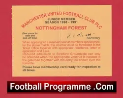 Manchester United v Nottingham Forest 1990 – Man Utd Junior Members Ticket