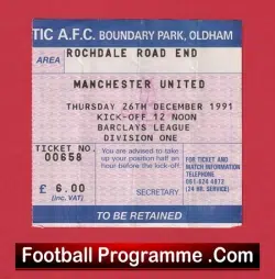 Oldham Athletic v Manchester United 1991 – Match Ticket