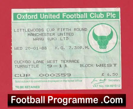 Oxford United v Manchester United 1988 - LC Match Ticket - Image 2