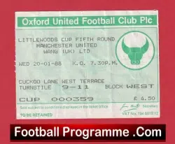 Oxford United v Manchester United 1988 – LC Match Ticket