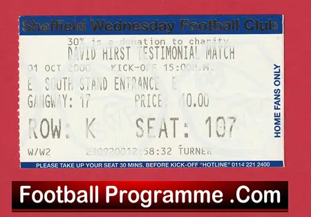 Sheffield Wednesday David Hirst Testimonial Football Ticket 2000 - Image 2