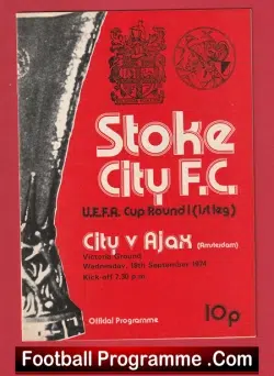 Stoke City v Ajax 1974 - Amsterdam Dutch Team - football programme