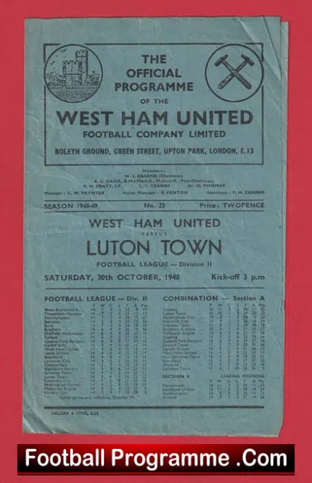 West Ham United v Luton Town 1948 – 1940s Programmes
