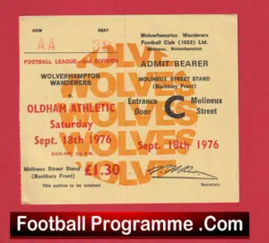 Wolves Wanderers v Oldham Athletic 1976 – Match Ticket