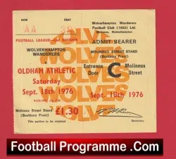 Wolves Wanderers v Oldham Athletic 1976 – Match Ticket