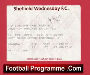 Sheffield Wednesday v Manchester United 2000 – Match Day Ticket