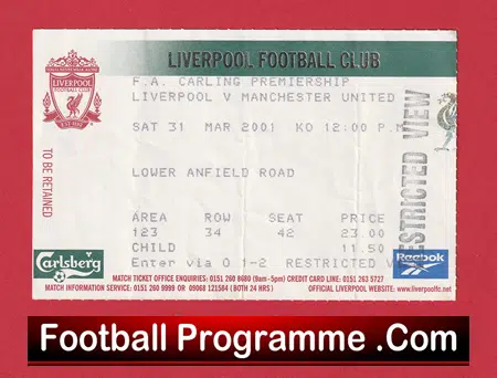 Liverpool v Manchester United 2001 - Football Ticket - Image 2