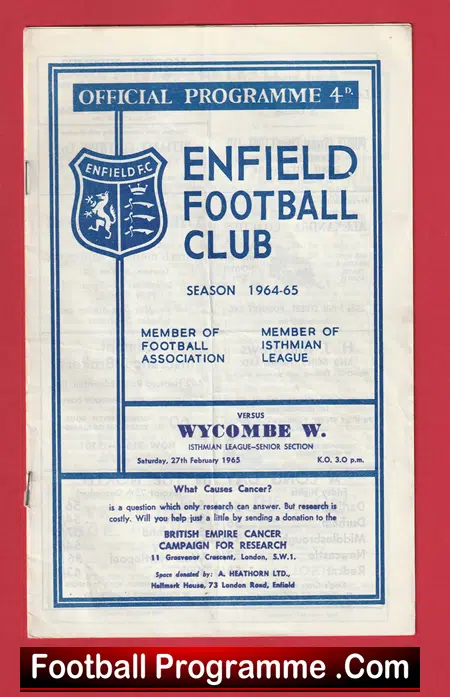 Enfield v Wycombe Wanderers 1965 - Football Programmes - Image 2