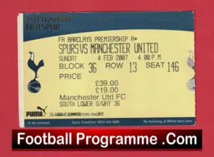 Tottenham Hotspur v Manchester United 2007 – Match Ticket