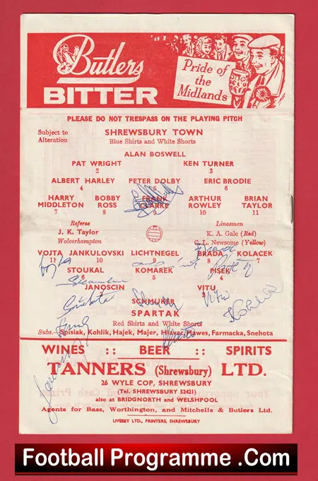 Shrewsbury Town v Spartak 1963 - Multi Signed Autographed - Image 3
