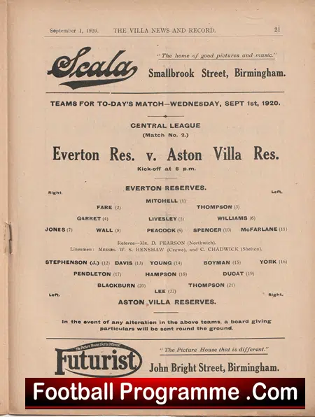 Aston Villa v Everton 1920 - 1920s Football Programmes - Image 3