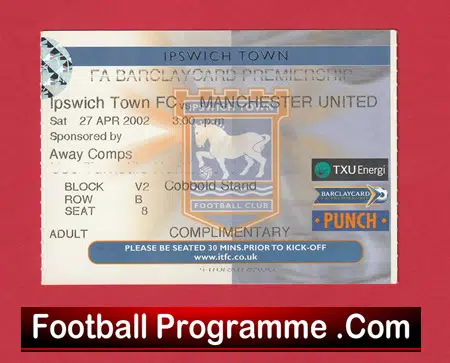 Ipswich Town v Manchester United 2002 - Match Ticket - Image 2