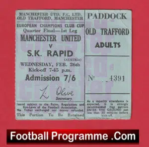 Manchester United v Rapid Vienna 1969 – Quarter Final EC Ticket