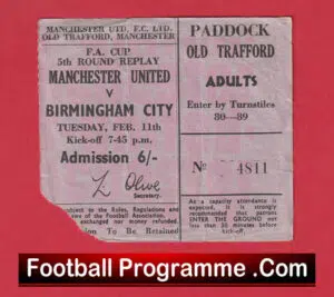 Manchester United v Birmingham City 1969 – Ticket FA Cup Replay
